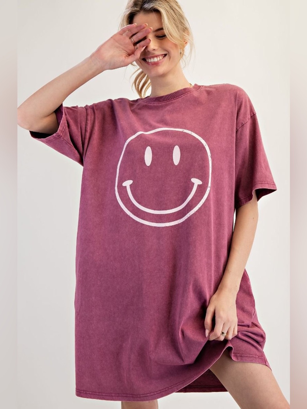 Easel Washed Black Smiley Tee Dress with Cream Graphic